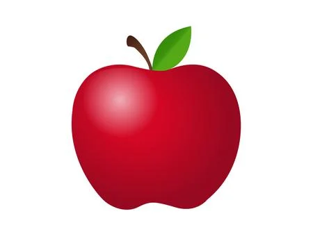 Red apple icon, shown with stem, single, green leaf Stock Illustration