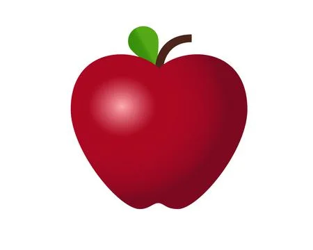Red apple icon, shown with stem, single, green leaf Stock Illustration