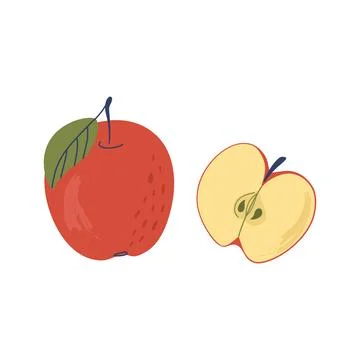 Red apple with leaf and sliced apple. Delicious ripe fruit. Stock Illustration