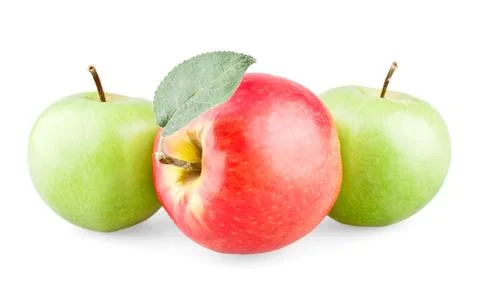 Red apple with leaf and two green apples Stock Photos