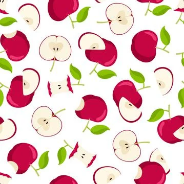 Red apple with leaf seamless pattern. Fruit background with Whole, bitten, cut 库存插图