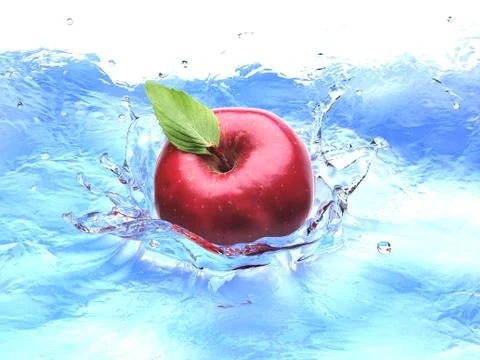 Red apple with leaf, splashing into water. bird eye view. Stock Illustration