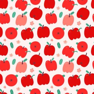Red apple pattern, seamless vector texture, cute doodle drawing, fresh juicy Stock Illustration