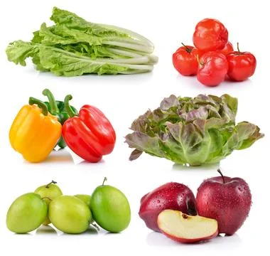 Red apple, pepper, Monkey apple, Ripe thai cherry, lettuce, Green Oak on wh.. Stock Photos
