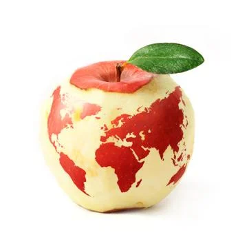 Red apple with red world map, isolated on white background Stock Photos