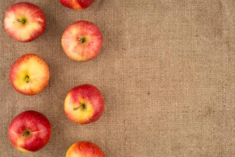 Red apple on sackcloth. Stock Photos