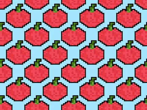 Red apple seamless pattern in pixel art style. 8 bit icon apple in 2D retro Stock Illustration
