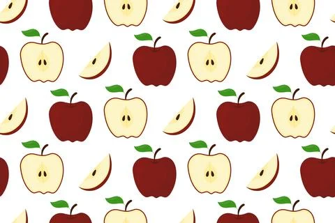 Red apple seamless pattern with whole fruit, halves and slices, vector back.. Stock Illustration