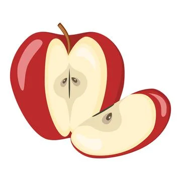 Red apple with slice apple, fruit slices and pieces in cartoon style. Healthy Stock Illustration