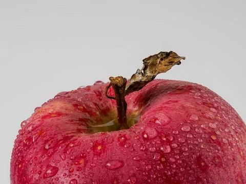 Red apple with a small leaf, water drops close-up Stock Photos