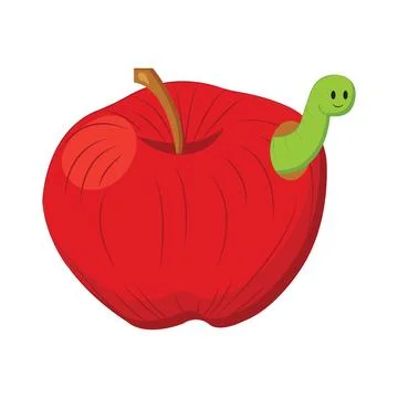 Red apple with a smiling worm. Vector illustration in cartoon style isolate.. Stock Illustration