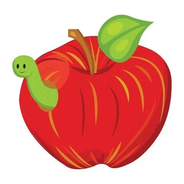 Red apple with a smiling worm. Vector illustration in cartoon style isolate.. Stock Illustration
