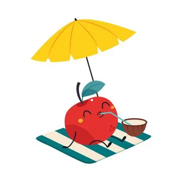 Red Apple as Summer Fruit Character Under Umbrella Drinking Coconut Cocktail Stockillustratie
