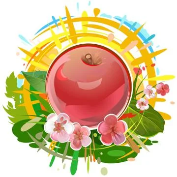 Red apple. Summer fruit. Sun rays and juice splashes. Garden agriculture plan Stock Illustration