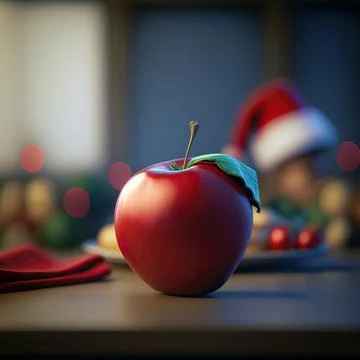 Red apple on table with santa hat in background, illustration generated by AI Stock Illustration