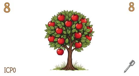 Red apple tree with numbered corners and technical labels in vintage educat.. Stock Illustration