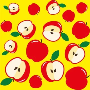 Red apples and core on yellow seamless background Stock Illustration