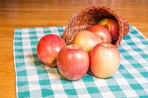 Red apples and cornucopia on checked cloth Stock Photos