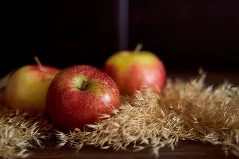 Red apples on a brown table. Close-up. Stock Photos