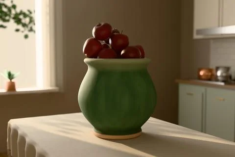 Red apples in green ceramic pot 3D illustration on kitchen table Ilustração Stock