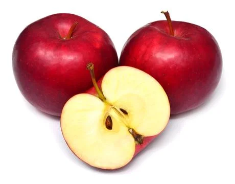 Red apples group and slice macro fruit isolated on white background Stock Photos