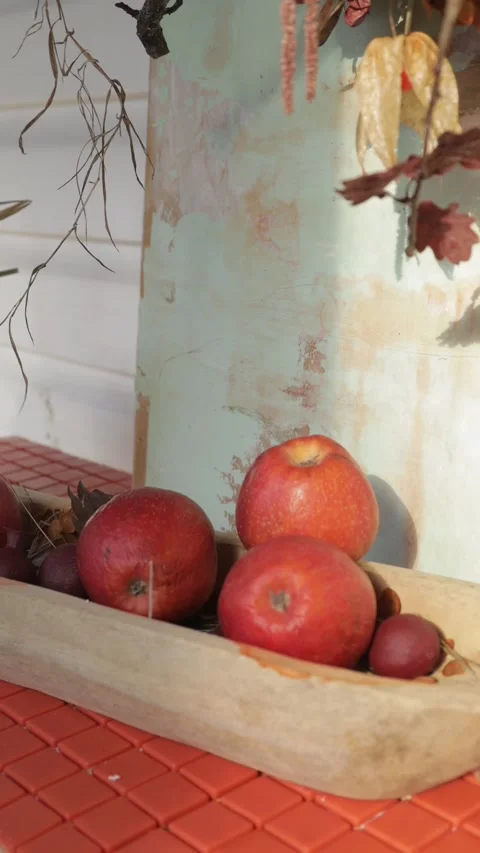 Red Apples in Rustic Autumn Still Life with Dried Botanicals, Vertical Video Stock Footage 346640087