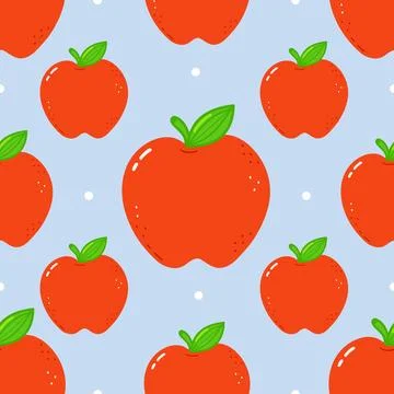 Red apples seamless pattern on blue background Stock Illustration