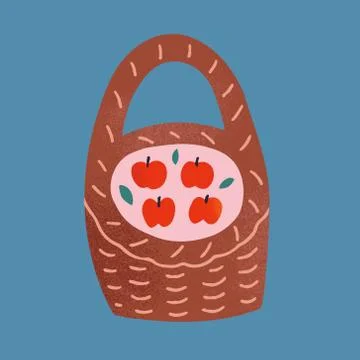 Red apples in wicker basket, vector illustration, hand drawn artwork, simple Stock Illustration