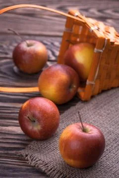 Red apples on wooden table, selective focus Stock Photos