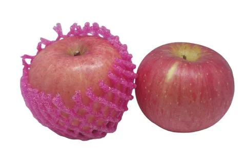 Red apples wrapped by foam net protection , isolated on white background Stock Photos