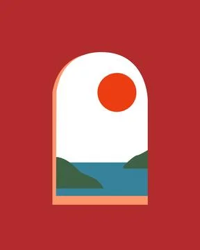 Red arch frames serene seascape with sun above. Stock Illustration
