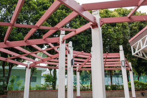 Red Architectural Structure in Neighborhood Stock Photos