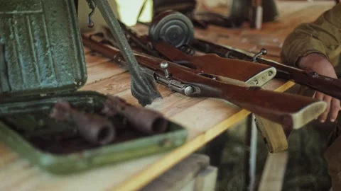 Red Army weapons display, Great Patriotic War reenactment. Historic Mosin rifle, Stock Footage 323911706