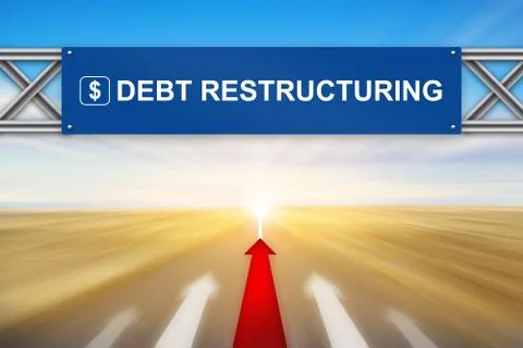 Red arrow and debt restructuring on blue road sign Stock Photos