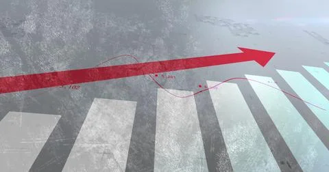 Red arrow and line graph image over bar chart on textured background Stock Illustration
