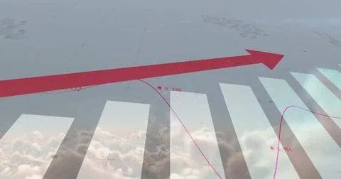 Red arrow and line graph image over clouds and bar chart Stock Photos