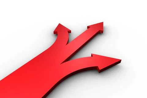 Red arrow is branching into three arrows in conceptual 3D render on white Stock Illustration