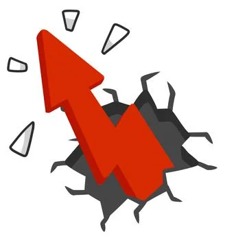 Red arrow break wall. Cracks and fragments of plaster. Cartoon abstract conce Stock Illustration