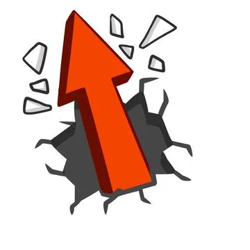 Red arrow breaks wall. Cracks and fragments of plaster. Cartoon abstract concept Illustrazione stock
