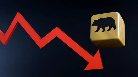 Red arrow charting a volatile downward and cube with silhouette of a bear. Ilustração Stock