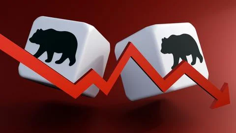 Red arrow charting a volatile downward and cube with silhouette of a bear. Ilustración de archivo