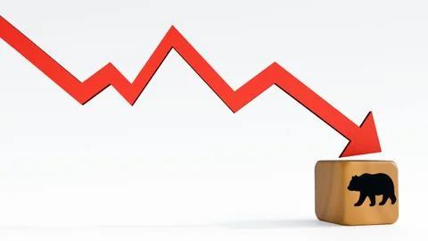 Red arrow charting a volatile downward and cube with silhouette of a bear. Ilustração Stock