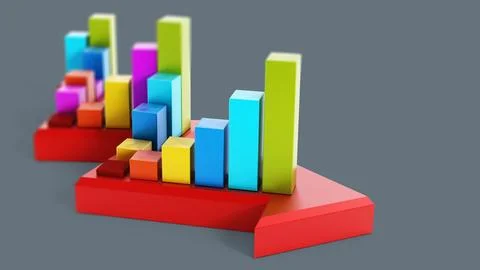 Red arrow with colored bar graph isolated on gray background. 3D illustration Stock Illustration