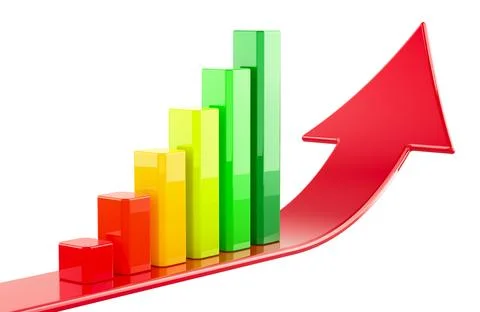 Red up arrow with colored growing bar chart. 3D rendering Stock Illustration