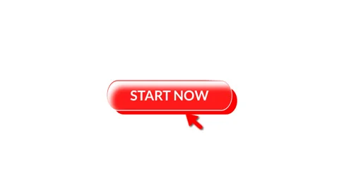 Red arrow cursor clicking a glossy start now button on white Stock Footage 333645245