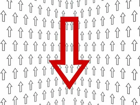 Red arrow down on the background of small arrows 3d illustration Stock Illustration