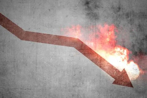 Red arrow down with explosion effect on the wall Stock Photos