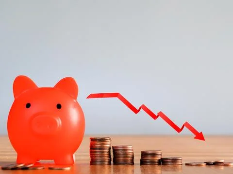 Red arrow down graphic. Falling savings or bankruptcy and loss of investment.on Stock Photos