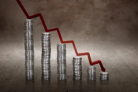 Red arrow down with a stack of coins underneath Stock Photos