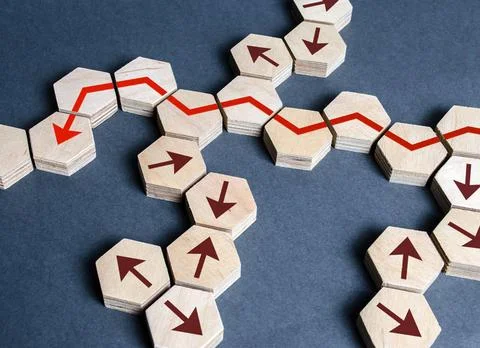 The red arrow finds its optimal path through many impassable options. Stra... Stock Photos